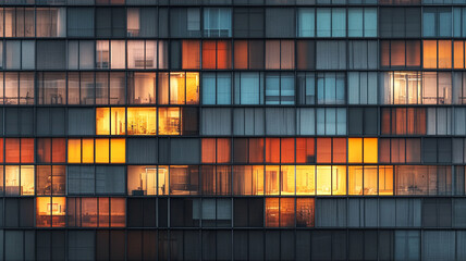 hyperrealistic macro shot of skyscraper fragment showcasing illuminated windows in warm tones, contrasting with cooler hues, creating vibrant urban atmosphere