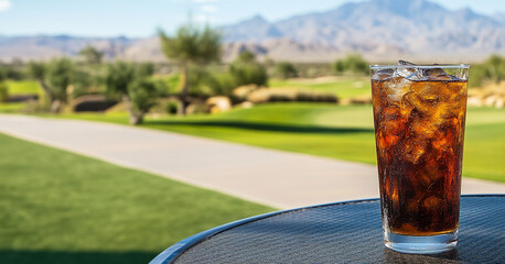 A glass of cold cola or iced tea on an outdoor table in a desert setting with mountains and palm trees and room for text. 