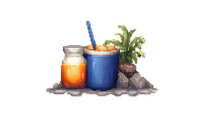 Two beverages, one with a straw, near a plant on rocks, against a white backdrop; product display or still life use.