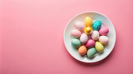 Obraz premium A Festive Display of Colorful Easter Eggs on a White Plate Against a Pink Background