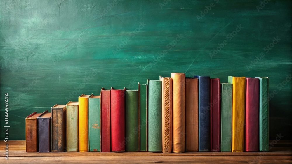 Poster a row of colorful, worn books arranged on a wooden surface, set against a green chalkboard, symboliz