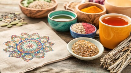 Colorful spices and herbs arranged with decorative elements on a wooden surface.