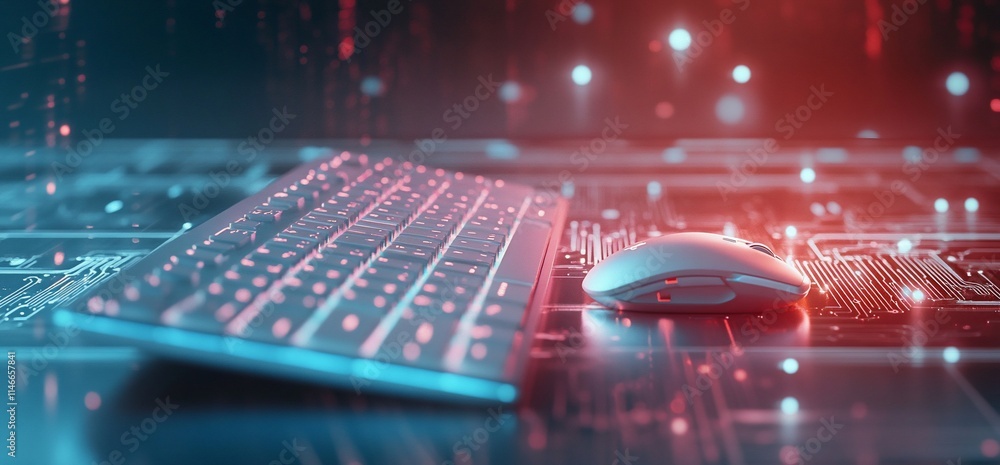 Poster a futuristic keyboard and mouse on a digital circuit background.