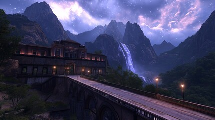 Serene Mountaintop Estate Bridge and Waterfall at Dusk