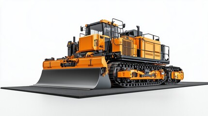 A large orange and black construction vehicle. The front of the vehicle has a large blade. The vehicle is parked on a black surface
