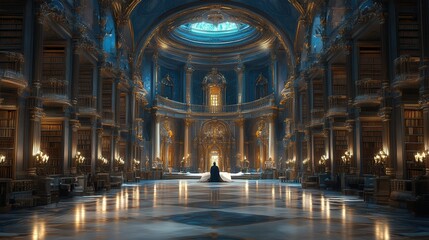 Obraz premium A grand library interior with ornate architecture and soft lighting.