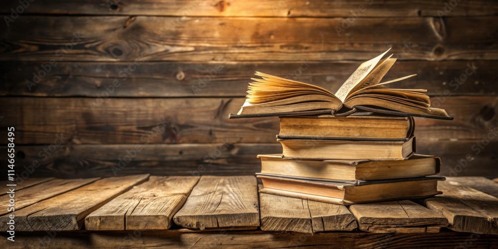 Poster A stack of old weathered books with a single book open on top against a wooden background