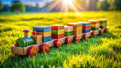 Fototapeta premium A colorful wooden toy train with stacked blocks for carriages sits on a bed of green grass in the sun.
