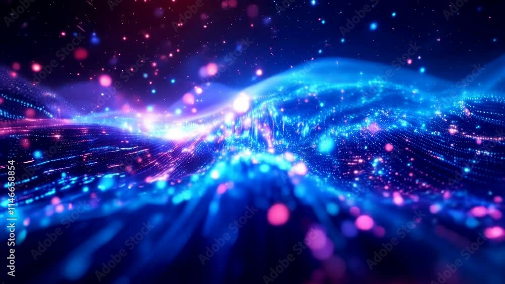Wall mural digital wave technology abstract background with neon lights. futuristic cyber network visualization