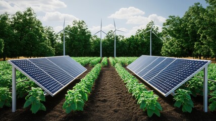 Solar panels and wind turbines in a lush agricultural setting.