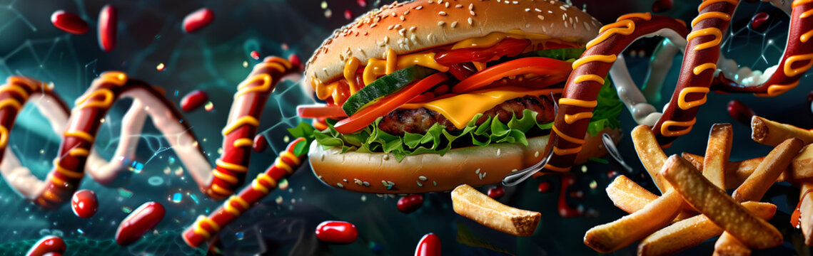 Junk Food Gene or fat mass and obesity associated genetics or FTO as a Fast-food concept with a DNA strand representing genetics and unhealthy eating affecting genes.