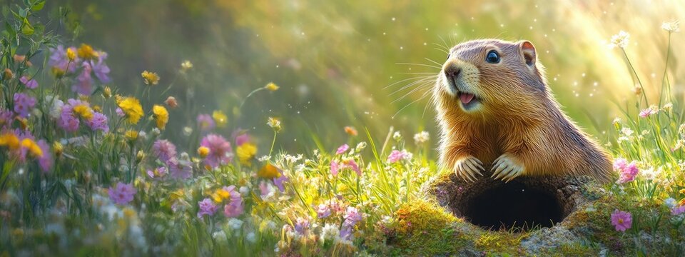 Marmot climbed out of the hole. Selective focus.