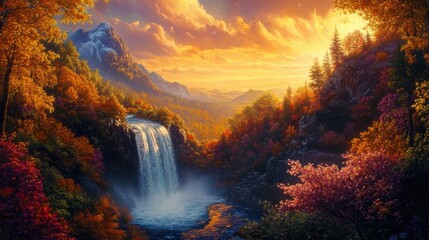 Fototapeta premium autumn waterfall sunset mountain landscape