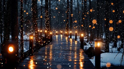 Naklejka premium Illuminated wooden bridge in snowy forest at night.