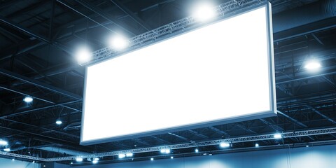 Blank billboard in an exhibition hall with spotlights