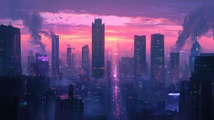 Obraz premium cyberpunk cityscape at sunset