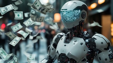 Fototapeta premium A futuristic robot amidst floating dollar bills in a bustling city.