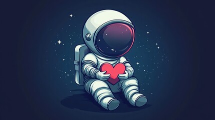 An astronaut sitting in space, holding a red heart, symbolizing love and connection.