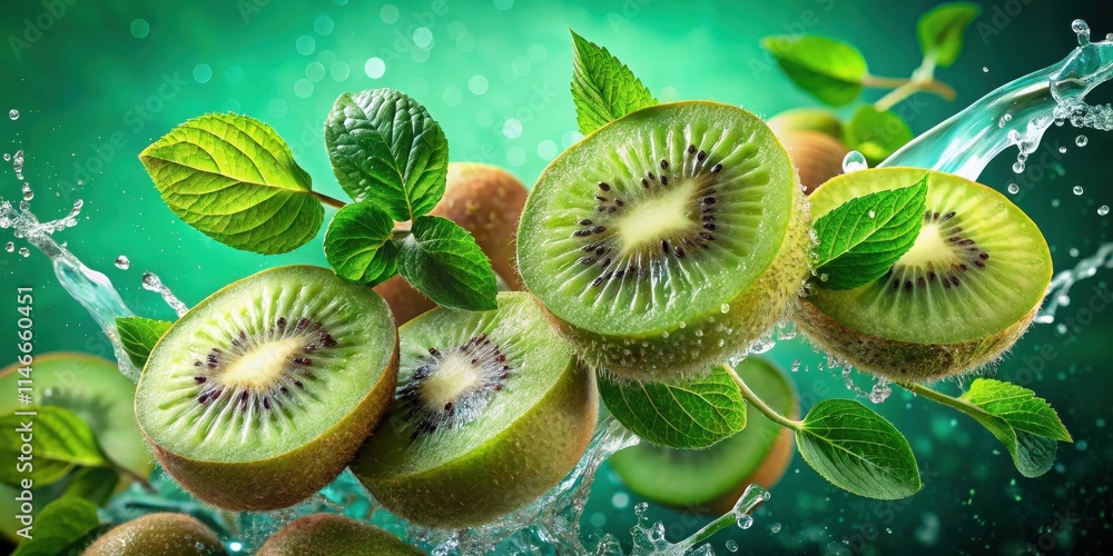Poster freshly sliced kiwi fruits splashing in a crystal clear water cascade, captured in a moment of refre