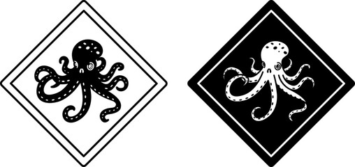 Fototapeta premium Octopus Road Signs. Black and White Vector Icons. Marine Animal Warning Road Sign. Zoo Sticker
