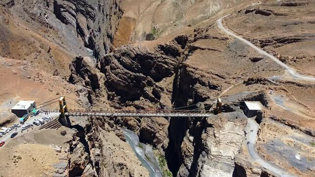 Aerial view of chicham bridge the highest bridge in asia at the height of 13596 ft and connects the two villages named chicham and kibber at spiti valley, India.