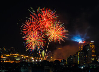 The blurred background of fireworks (light trails) is beautiful at night, seen in the New Year holidays, Christmas events, for tourists to take pictures during public travel.