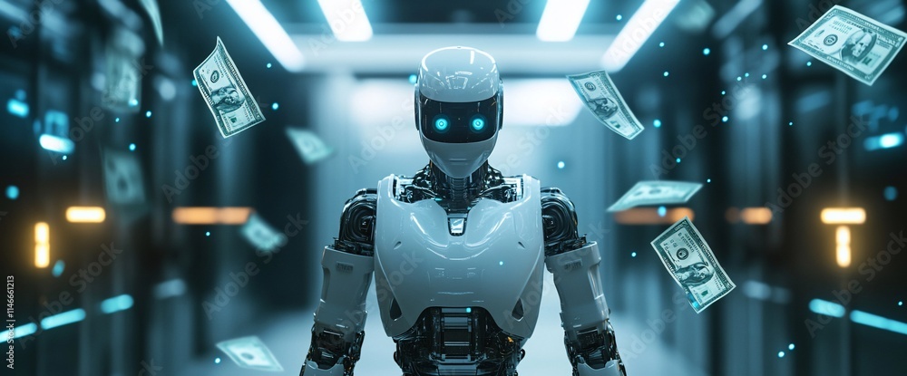 Poster a futuristic robot surrounded by floating money in a high-tech environment.