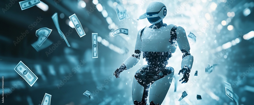 Poster a futuristic robot surrounded by floating money in a digital environment.