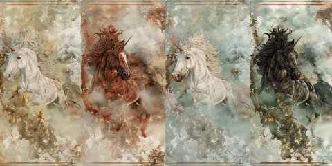 Quadriptych of Unicorns in Varied Coats and Poses