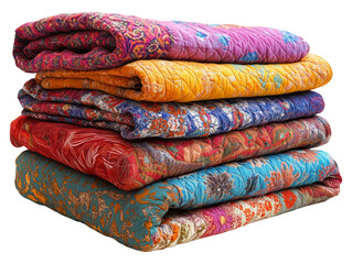 Colorful Quilts Stacked Neatly on Transparent Background for Display