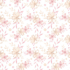 Watercolor seamless pattern with pink flowers. Cute pattern with small flowers, leaves and berries. Pink floral print for Valentine's day. Girls, girly pink wallpaper with flowers. Asian style