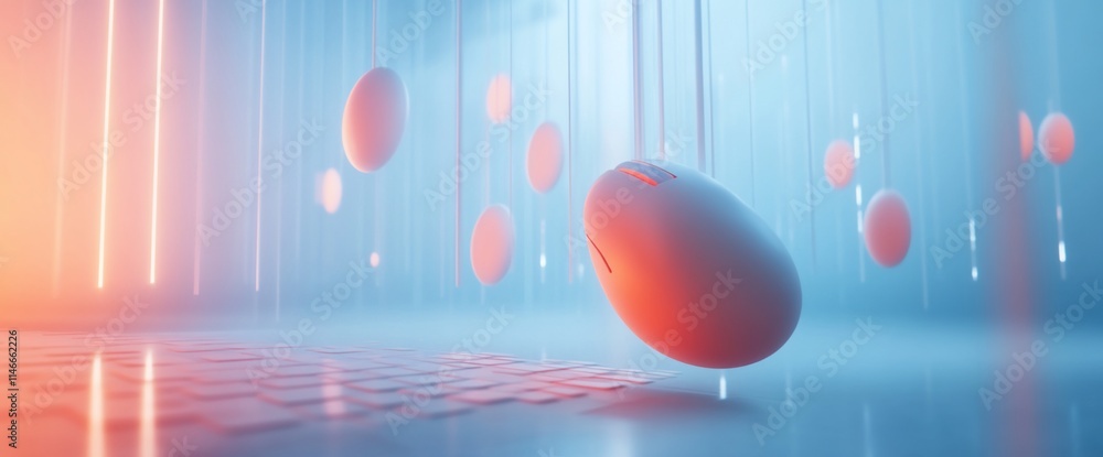 Poster a futuristic scene featuring a floating mouse above a keyboard in a vibrant setting.