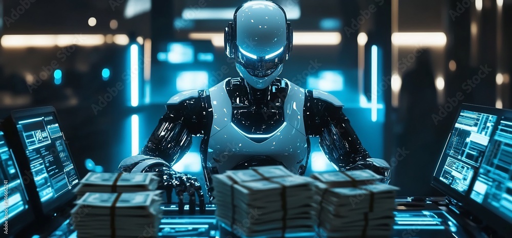 Poster a futuristic robot working with stacks of cash in a high-tech environment.