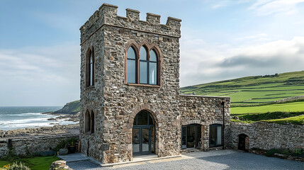 Obraz premium Irish Stone Tower with rolling green hills and wild coastline, historic Celtic structure