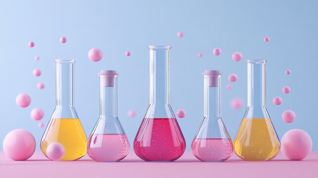 Colorful liquids in Erlenmeyer flasks on pink background.
