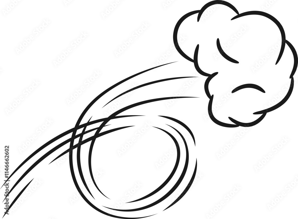 Poster cartoon representation of a cloud of smoke moving fast, with curved lines behind it, creating a sens