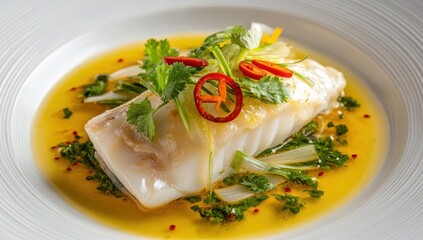 white fish fillet with coriander and chili peppers