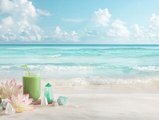 Serene beach scene with a green smoothie and crystals by the water's edge.