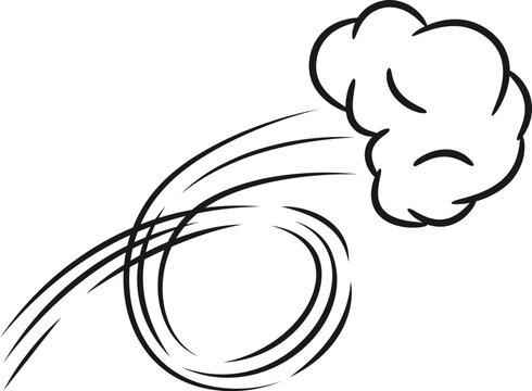 Cartoon representation of a cloud of smoke moving fast, with curved lines behind it, creating a sense of speed and motion, ideal for conveying concepts related to speed, impact, or explosion