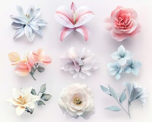 Elegant floral arrangement featuring pastel-hued lilies, roses, and peonies, showcasing delicate blossoms in a serene, feminine, and nature-inspired design.