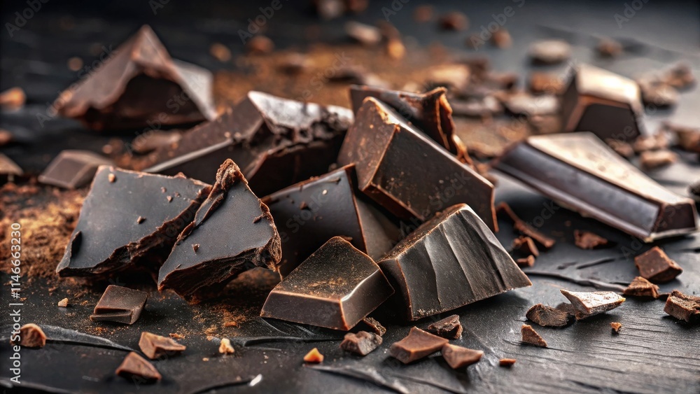 Poster A close-up of broken pieces of dark chocolate scattered on a dark background, creating a tempting and indulgent scene.