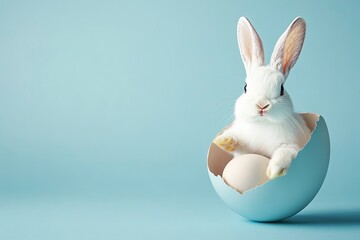 Obraz premium Easter rabbit, cute white bunny coming out of an opened egg on empty pink background with copy space 