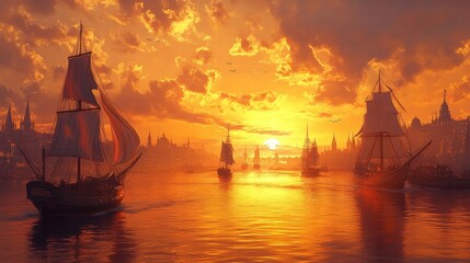 Fototapeta premium golden sunset harbor scene with sailing ships