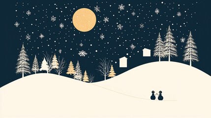 Naklejka premium Snowy winter night scene with snowmen and moon.