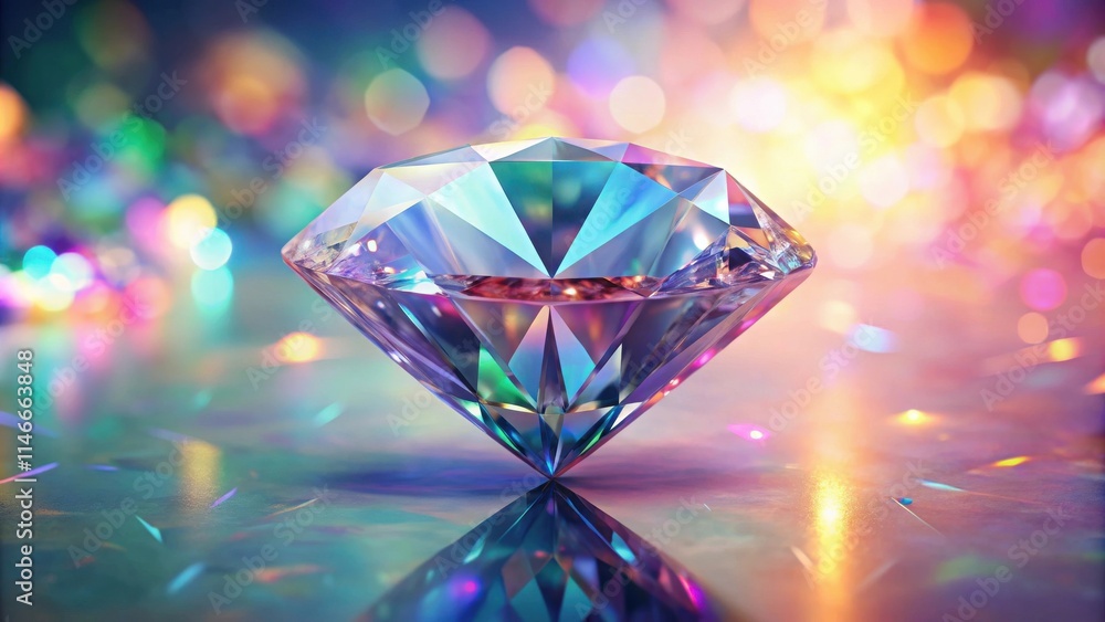 Poster a sparkling, perfectly cut diamond with iridescent facets, reflecting vibrant light and casting a sh
