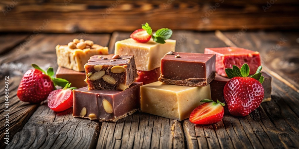 Poster assortment of chocolate and vanilla fudge topped with nuts and fresh strawberries on a rustic wooden