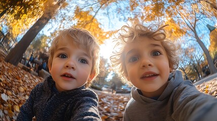 Twin Boys Smiling In Autumn Leaves Park