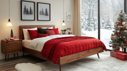 Cozy winter bedroom with red accents and Christmas decor