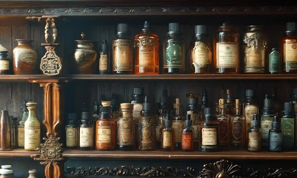 A collection of vintage apothecary bottles on a wooden shelf.