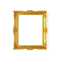 An ornate golden picture frame isolated on a white background. The frame is decorated with intricate carvings and has a classic design. It is a very detailed and elegant frame.